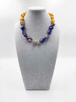 18 karat gold plated necklace featuring a blend of sodalite and jasper stones adorned with exquisite zircon ornaments - ELLY