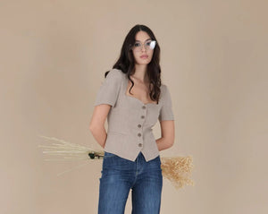 Beige Tailored Buttoned Jacket Top - ELLY