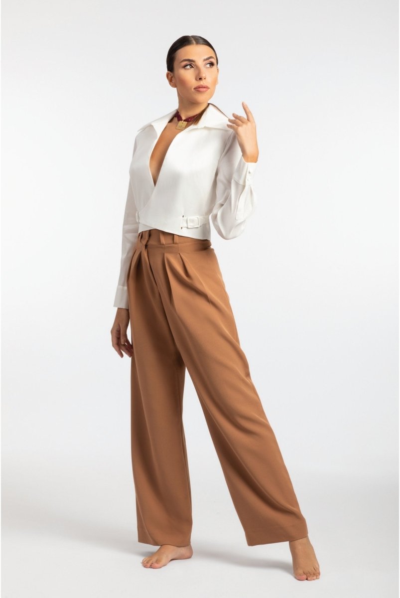 Brown Wide - Leg Pleated Pants - ELLY