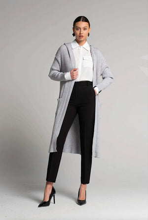 Cardigan lungo con cappuccio a coste grigio - ELLY