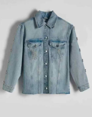 Embellished Light Wash Denim Jacket - ELLY