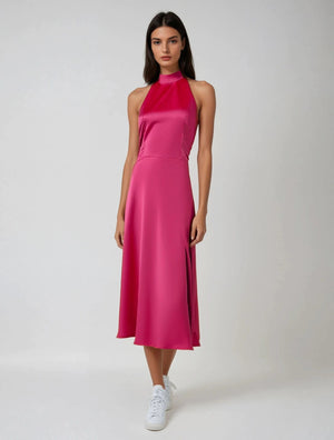 Halter - Neck Satin Midi Dress in Fuchsia – by ELLY - ELLY