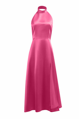 Halter - Neck Satin Midi Dress in Fuchsia – by ELLY - ELLY