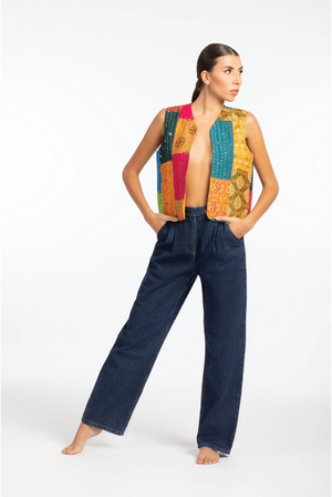 Limited Edition Handmade Cotton Patchwork Vest - Multicolor Kantha - ELLY