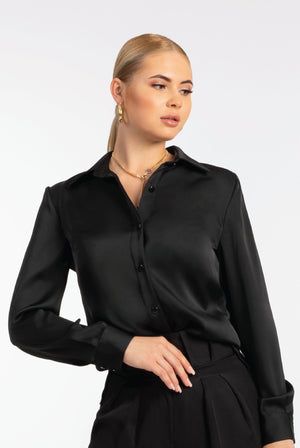 Black Classic Satin Shirt - ELLY