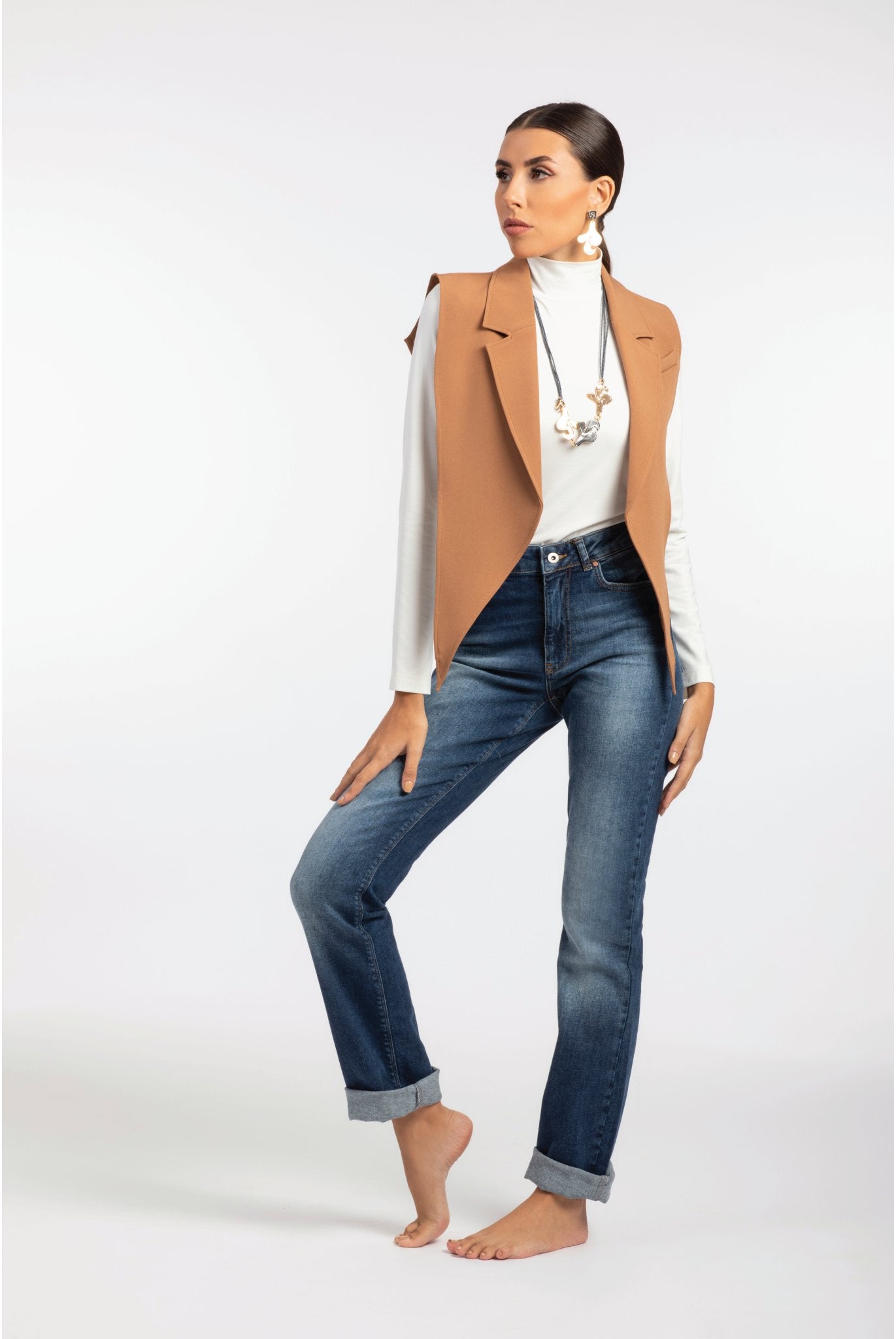 Casual Khaki Freesize Lapel Vest - ELLY