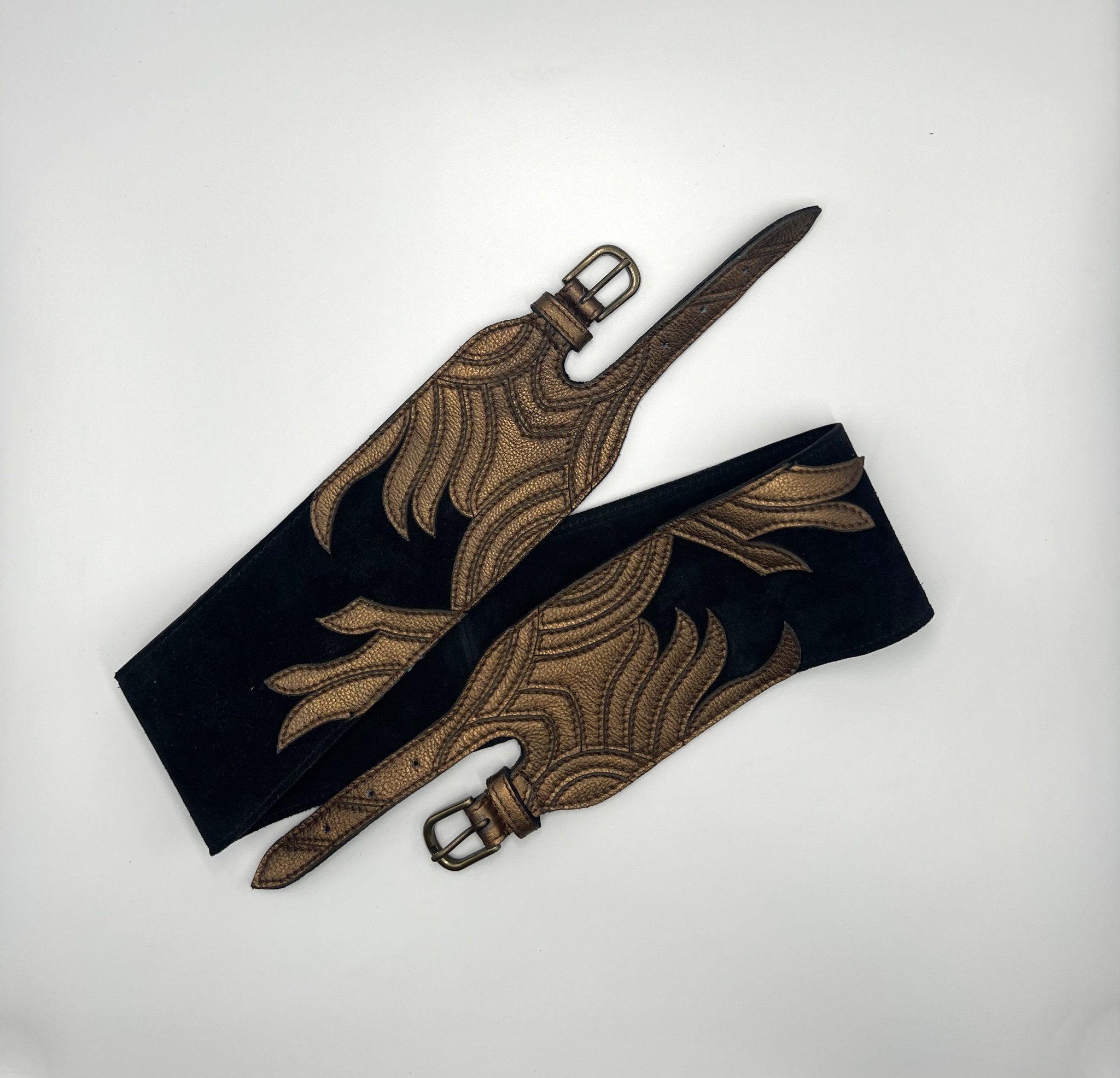 Handmade Black Leather Belt - Geometric Gold Embroidery - ELLY