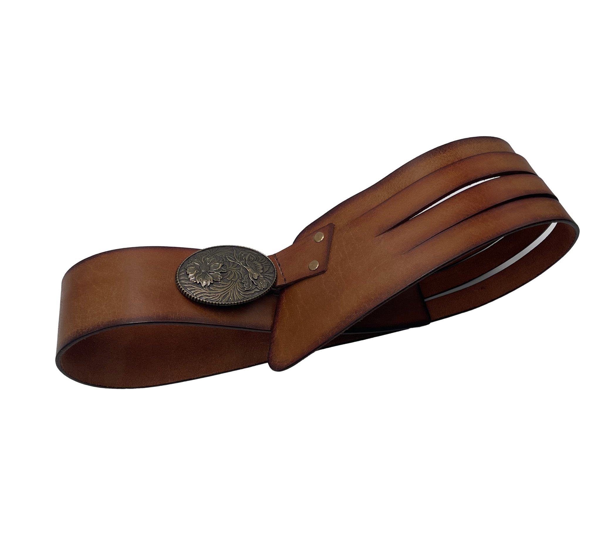 Handmade Leather Belt - Classic Tan with Floral Brass Buckle - ELLY