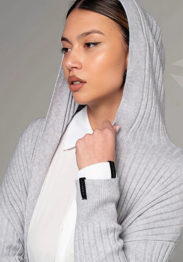 Cardigan lungo con cappuccio a coste grigio