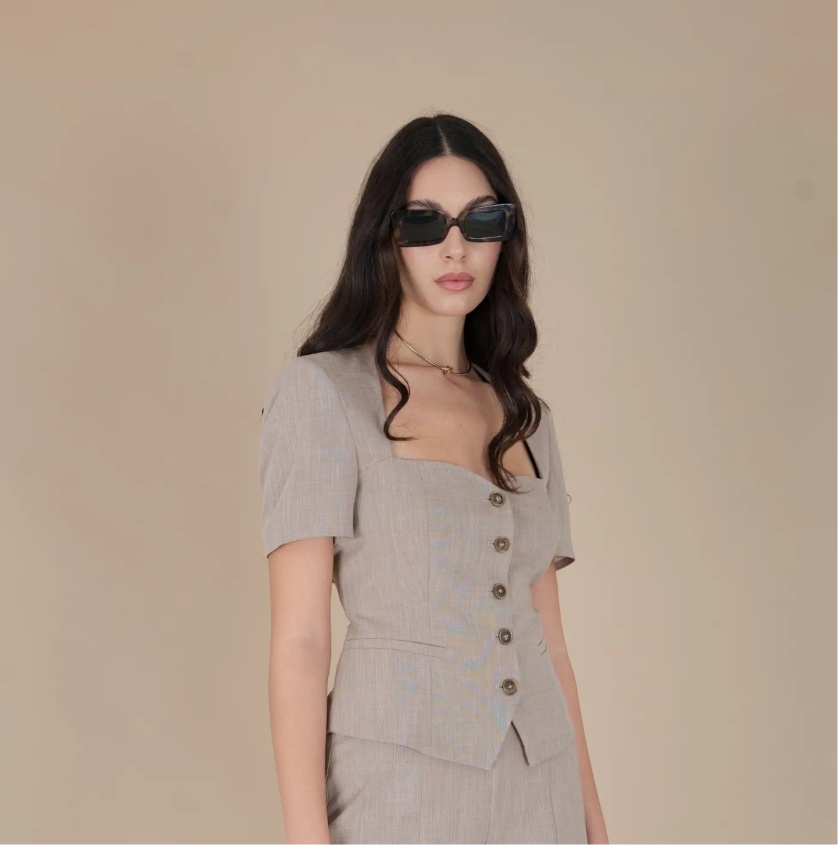 Beige Tailored Buttoned Jacket Top - ELLY