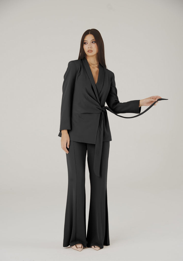 Charmé Italian-Made Tie-Front Blazer & Flared Pants Set (Nero) - ELLY