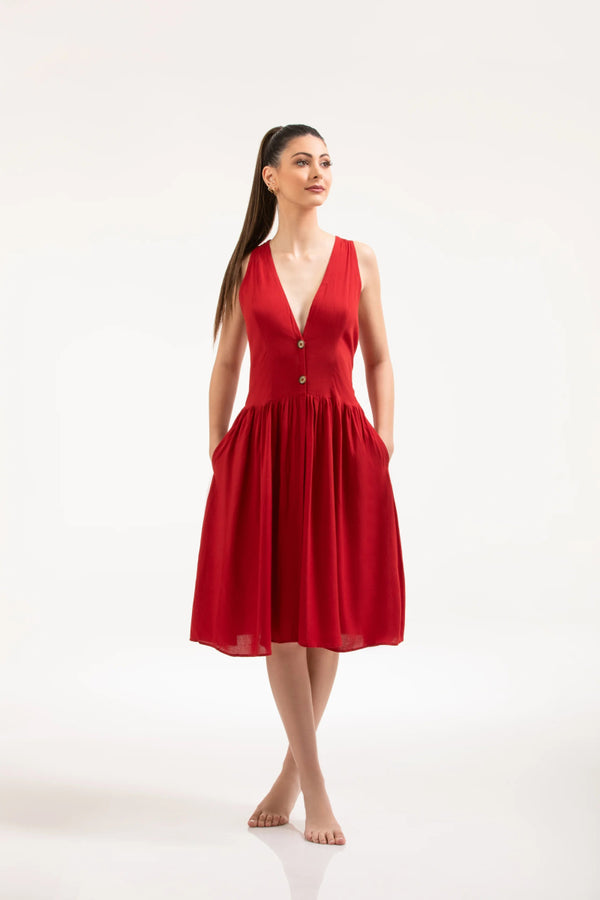 Deep Red Cotton Slub Midi Dress – ELLY - ELLY
