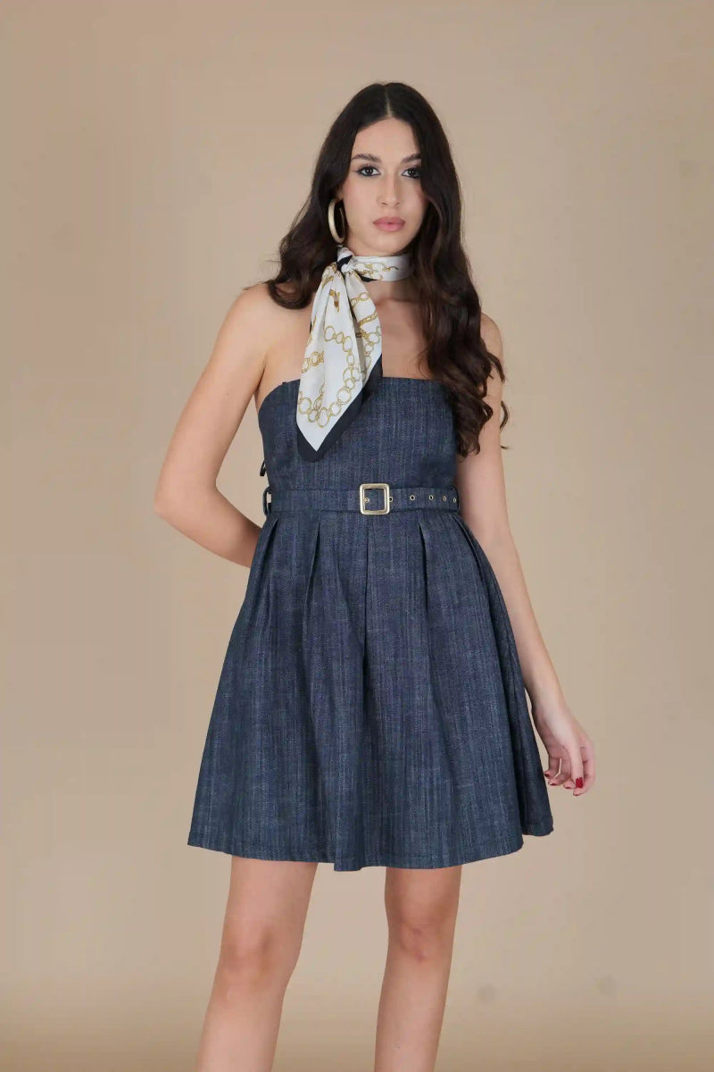Denim Belted Strapless Mini Dress - ELLY
