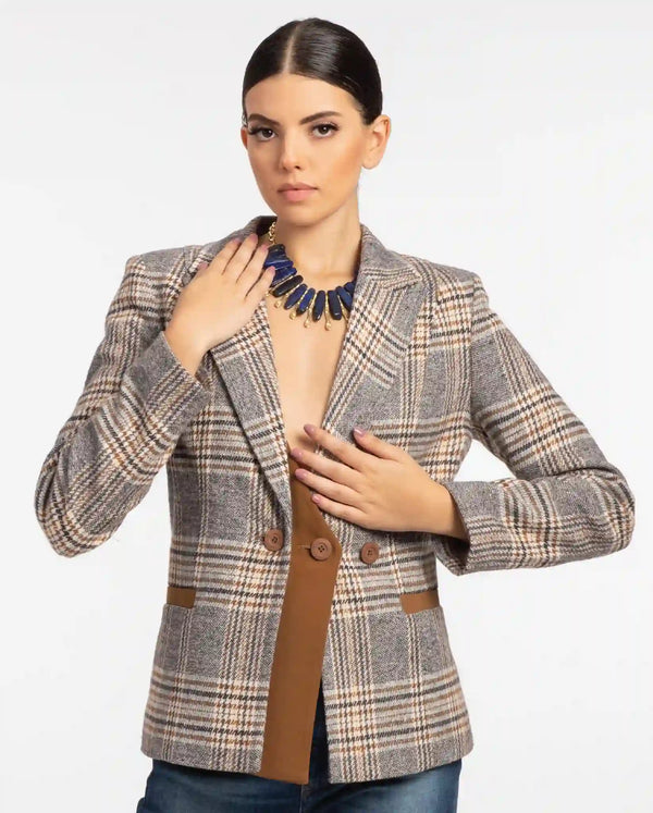 Double-Breasted Plaid Blazer with Tan Brown Trim