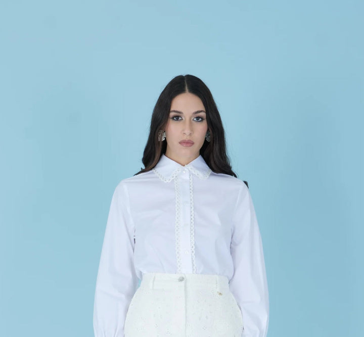 Embroidered Poplin Shirt – Bianco - ELLY