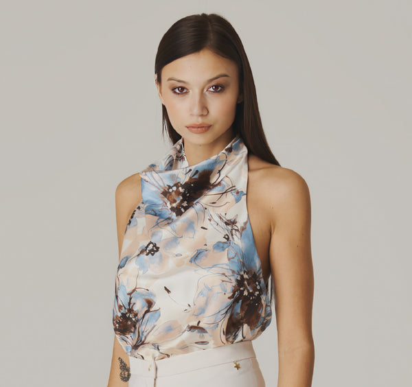 Floral Whispers Open-Back Halter Top - ELLY