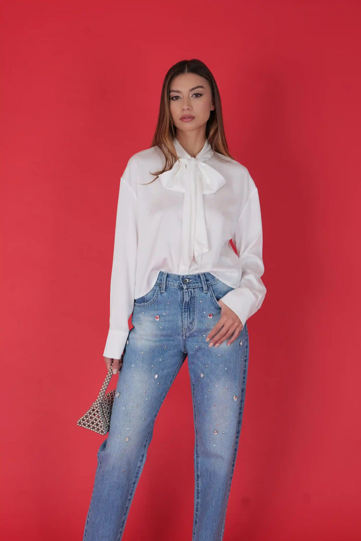 Jeans with Embellished Rhinestones – Denim Azzurro - ELLY