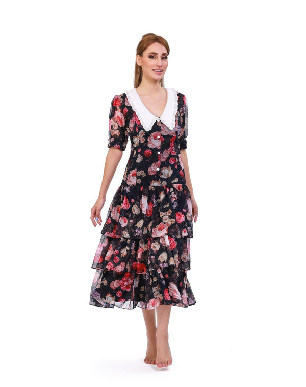 Modern Romance Floral Chiffon Midi Dress - ELLY