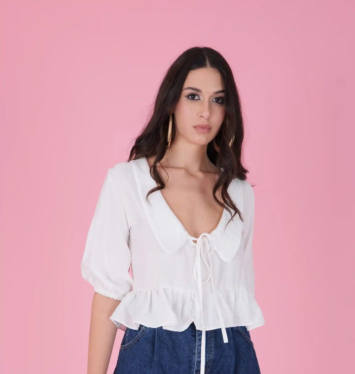 Ruffle tie - front top – Bianco - ELLY