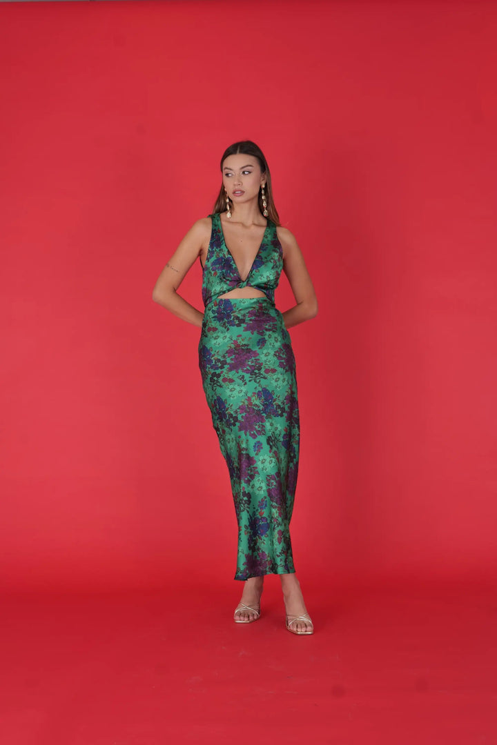 Twist Front Floral Satin Dress - ELLY