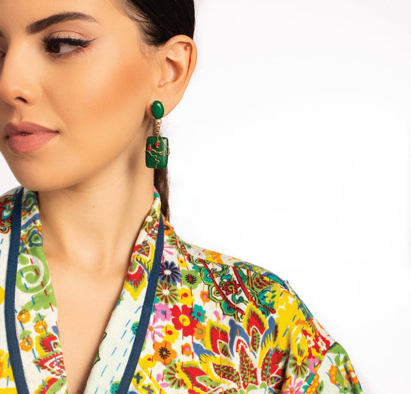 Beautiful jade stone earrings, crafted with 18 karat gold plated metal - ELLY