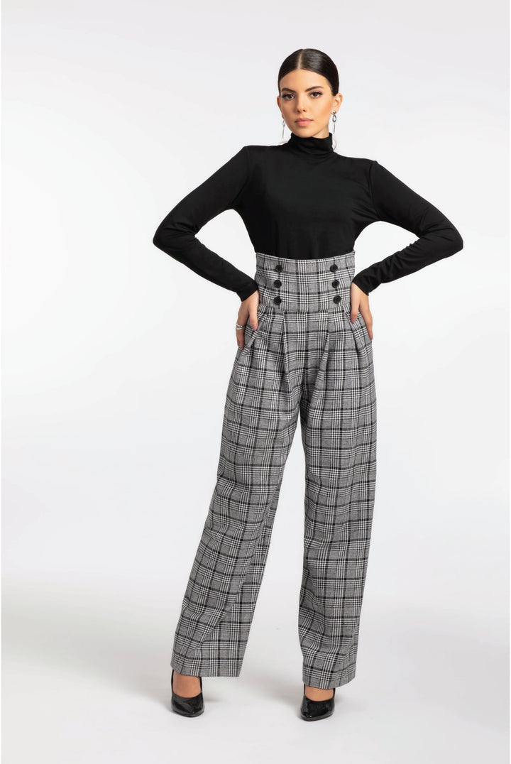Black and White Plaid High Waisted Pleated Pants - ELLY