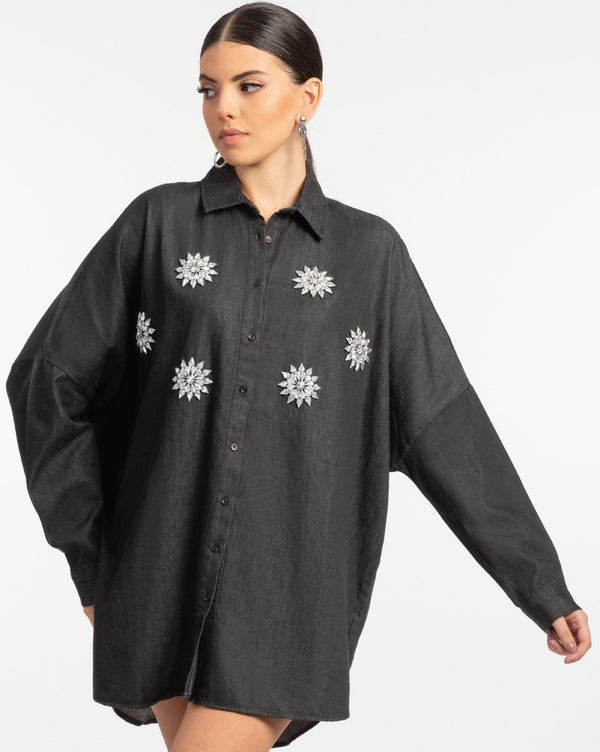 Black Oversized Crystal Embellished Denim Shirt - ELLY