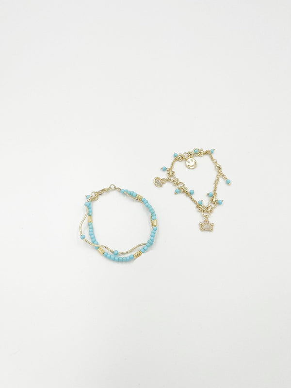 Blue Double Bracelets with Beads and Ornaments Featuring 18-Karat Gold-Plated Brass - ELLY