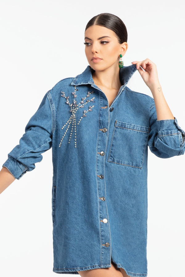Denim Blue Crystal Embroidered Shirt Jacket - ELLY