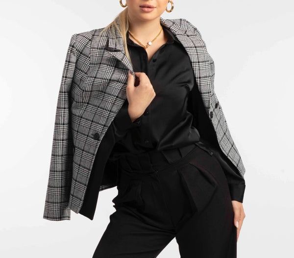 Double-Breasted Plaid Blazer with Black Trim - ELLY