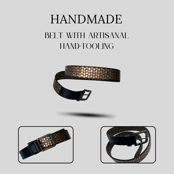 Handmade Black Leather Belt with Artisanal Hand-Tooling - ELLY