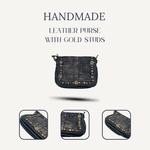 Handmade Classic Black Leather Purse with Gold Studs - ELLY
