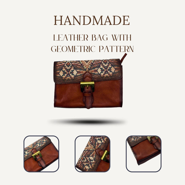 Handmade Cognac Brown Leather Bag with Geometric Pattern - ELLY