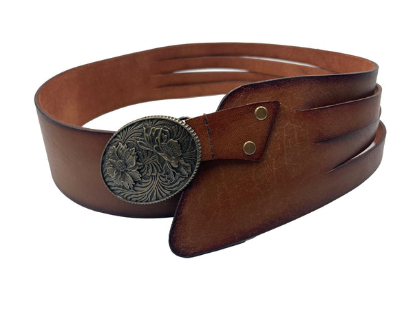 Handmade Leather Belt - Classic Tan with Floral Brass Buckle - ELLY