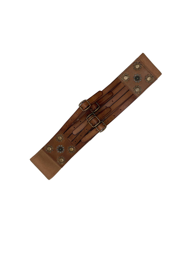 Handmade Leather Belt - Statement Silver Buckles on Buff Tan - ELLY