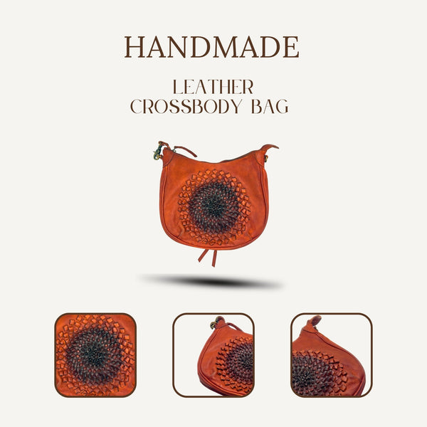 Handmade Tan Leather Crossbody Bag with Flower Design - ELLY