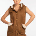 Hooded Sleeveless Fur-Lined Jacket in Brown - ELLY