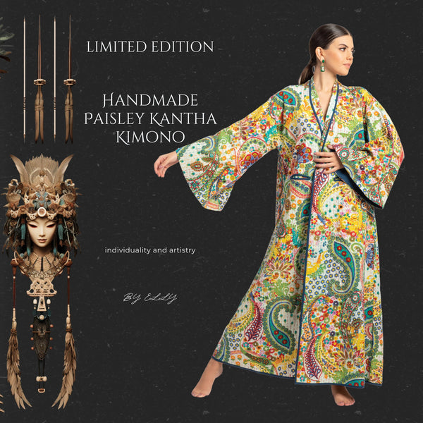 Limited Edition Handmade Paisley Kantha Cotton Kimono - Bohemian Floral Multicolor Print - ELLY