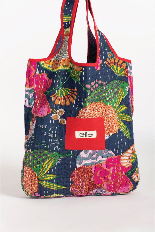 Limited Edition Navy Blue Floral Cotton Tote Bag - ELLY