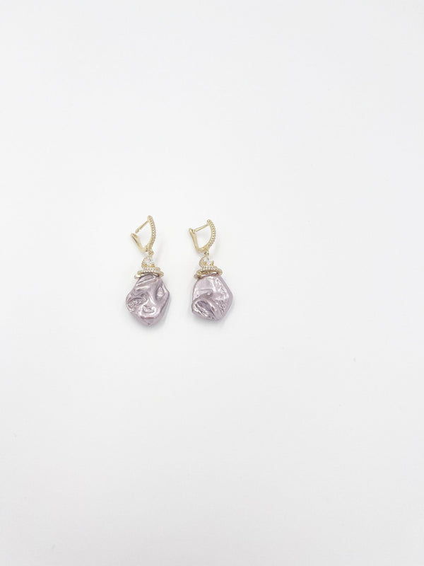 Pearl baroque stone earrings, featuring 18 karat gold plated design and zircon ornaments - ELLY