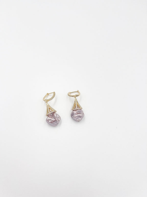Pearl baroque stone earrings, featuring 18 karat gold plated design and zircon ornaments - ELLY