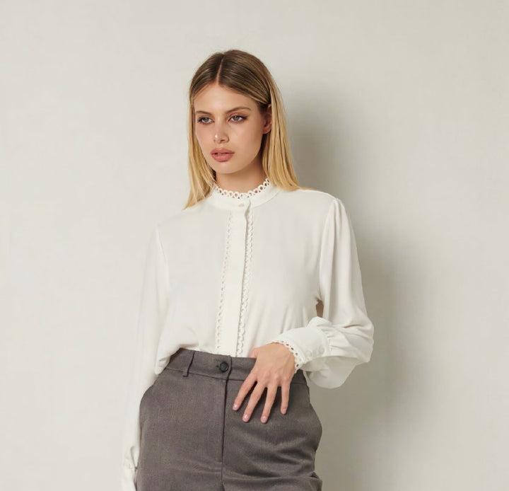 White Scalloped Trims Women's Shirt - ELLY